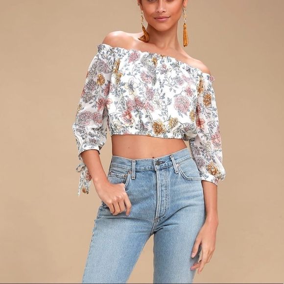 NWT J.O.A. Ivory Floral Off-the-Shoulder Crop Top